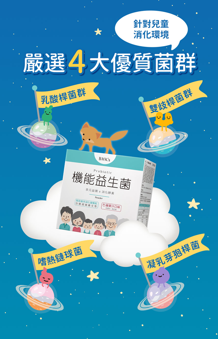 針對兒童消化環境嚴選4大優質菌群，幫助孩童順暢排便，減少便秘
