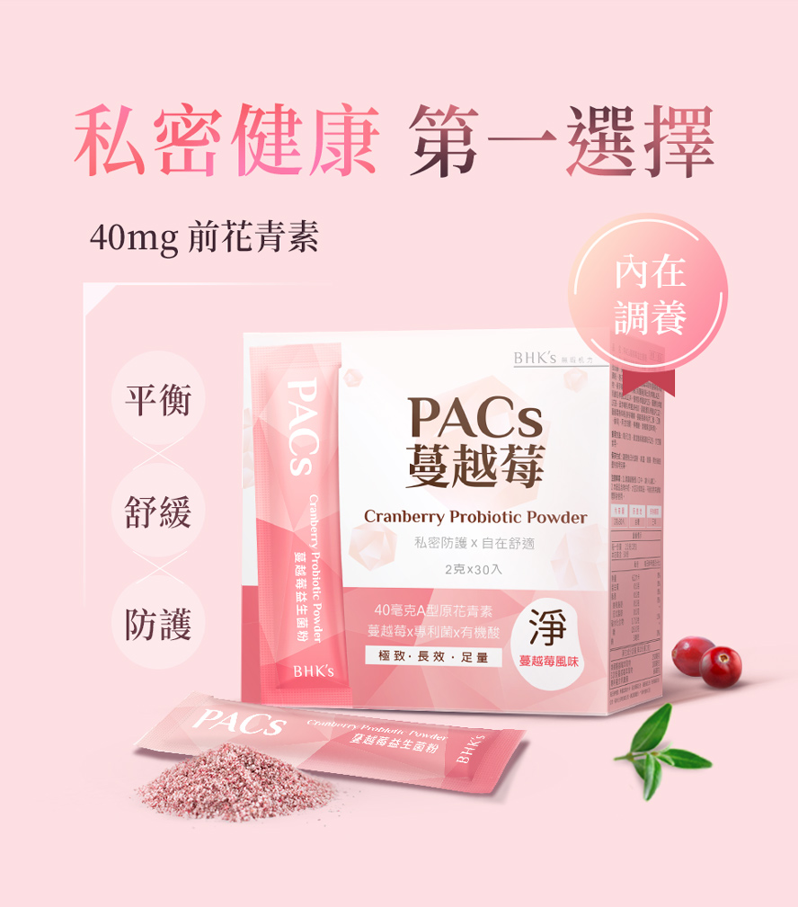 專業推薦BHKs蔓越莓，含40mg的PACs，可預防私密感染，改善搔癢、異味、分泌物過多的問題。