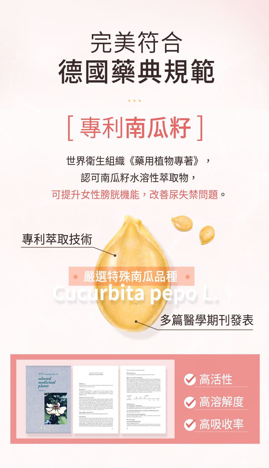 BHKs機能護秘適選用德國藥典規範的專利南瓜籽，活性高、好吸收，經醫學期刊發表有助於減少漏尿次數。