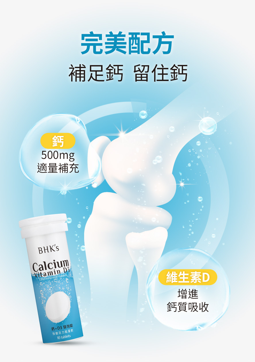 BHK鈣發泡錠含500毫克鈣質，一顆足量，有助於維持骨骼與牙齒健康。
