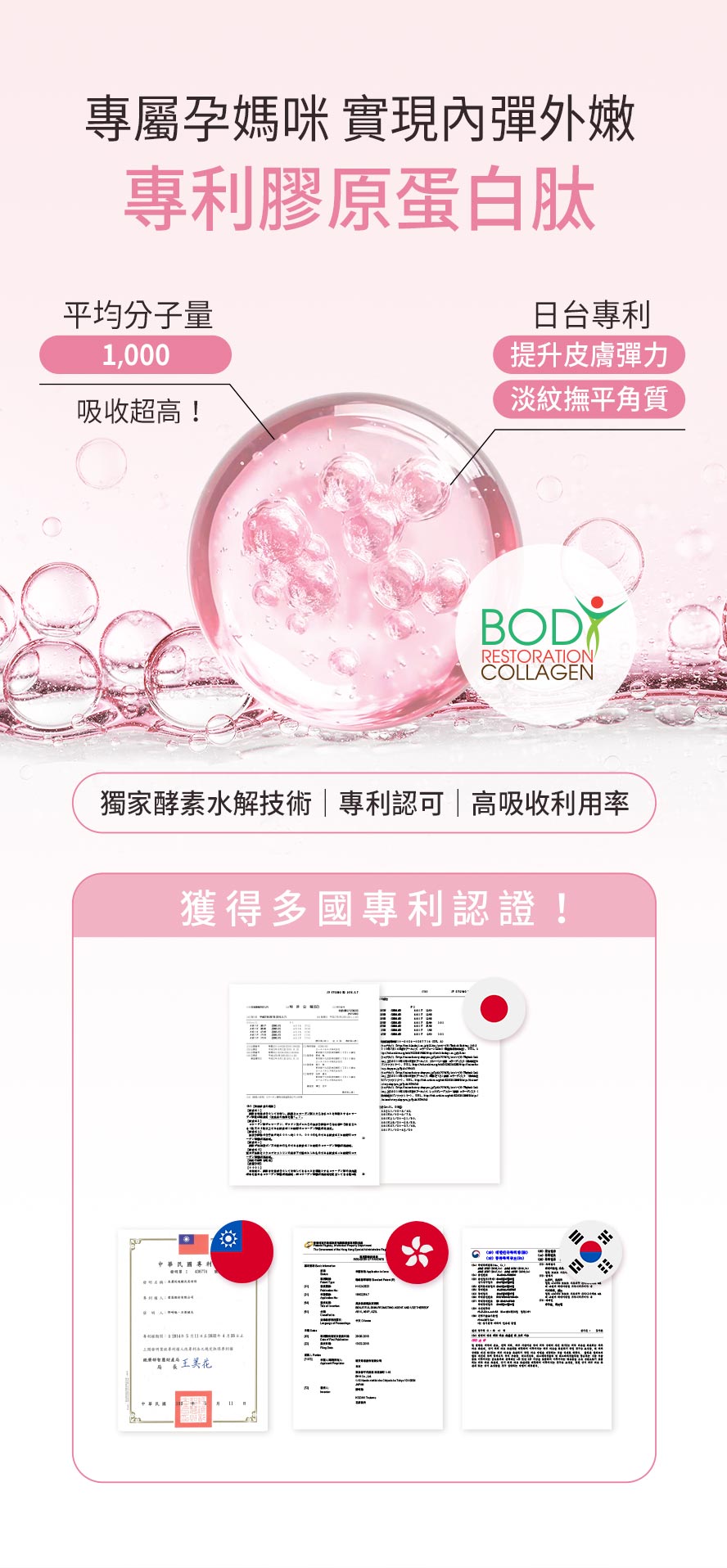BHK選用專屬孕期膠原蛋白肽，超高吸收利用率，提升皮膚彈性、淡紋撫平角質。
