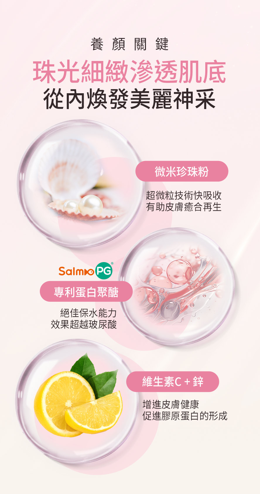 BHKs專利養顏成分珍珠粉，深層滋養細緻柔嫩，改善肌膚乾燥鬆弛。