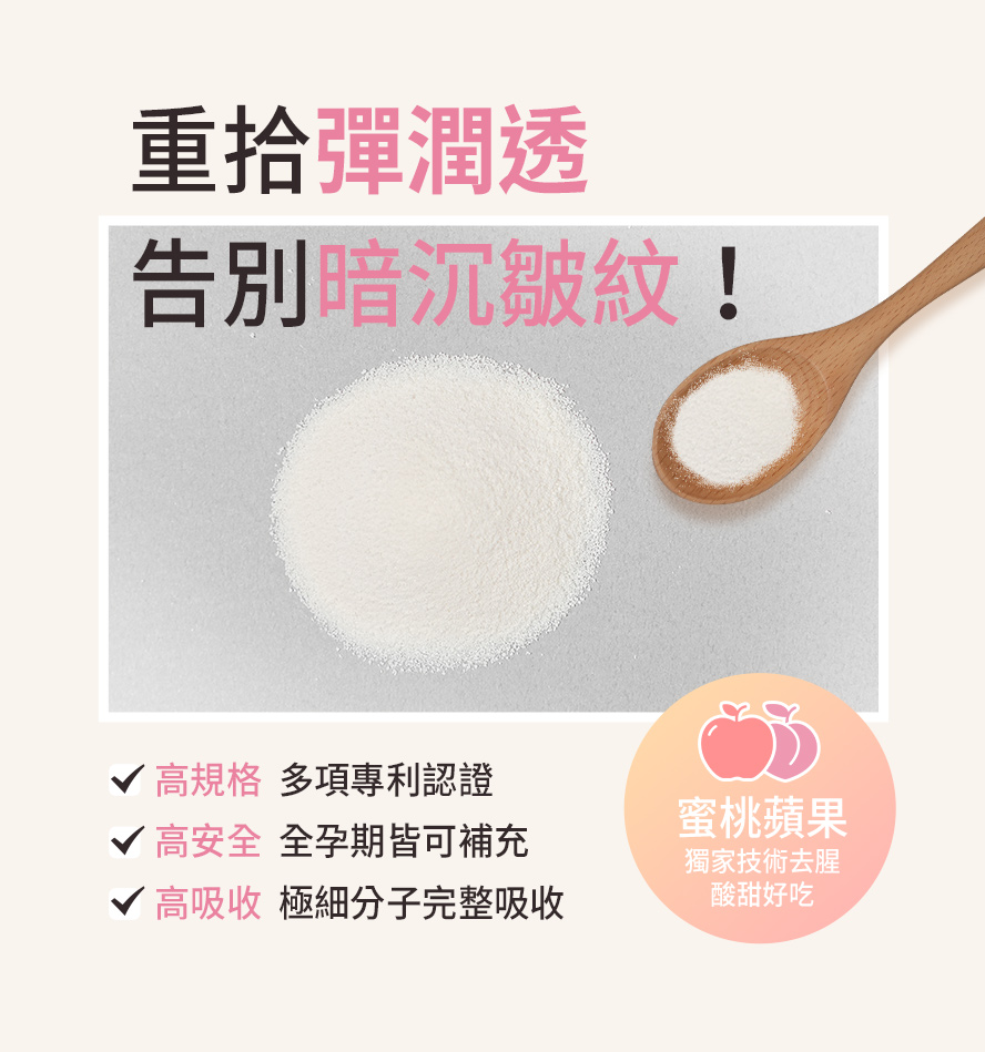 超細分子膠原胜肽好吸收，全孕期皆可安心補充，揮別暗沉細紋。