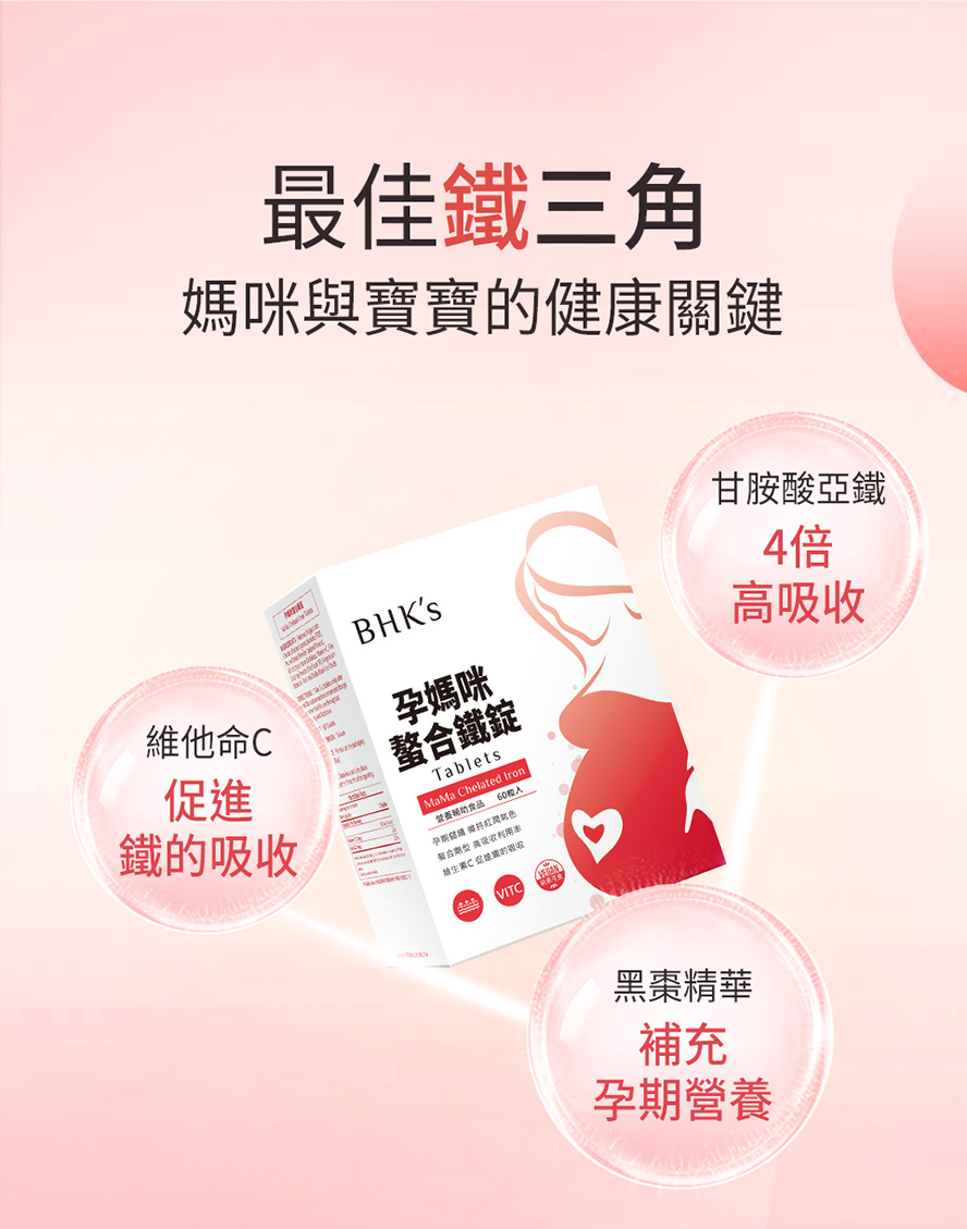 懷孕補鐵怎麼挑？BHK孕媽咪螯合鐵成分功效，添加黑棗精華，改善貧血和避免生產時血崩。