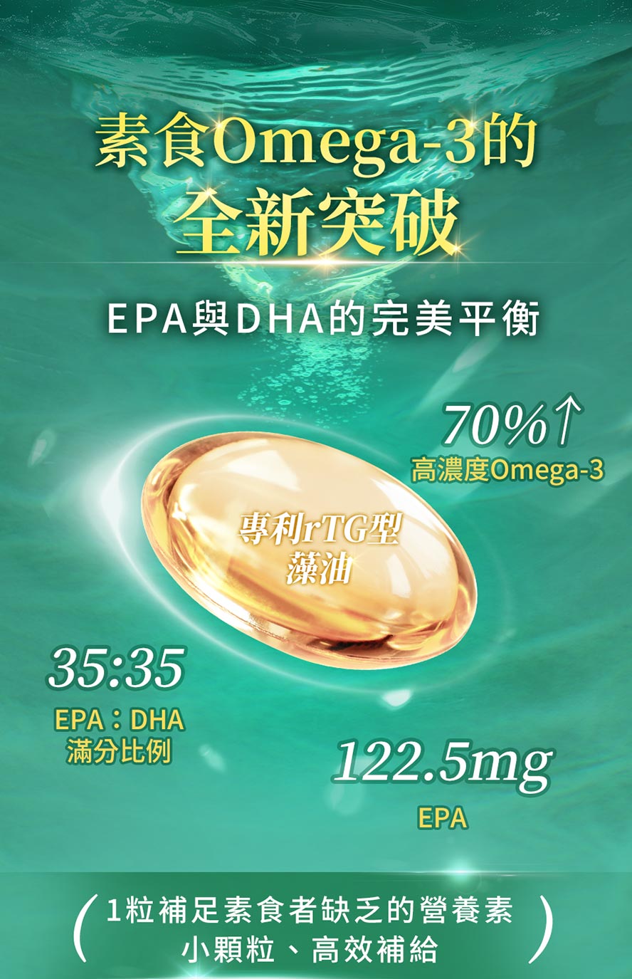 BHK's70%藻油含高達70%以上的Omega-3，EPA:DHA為最佳比例。