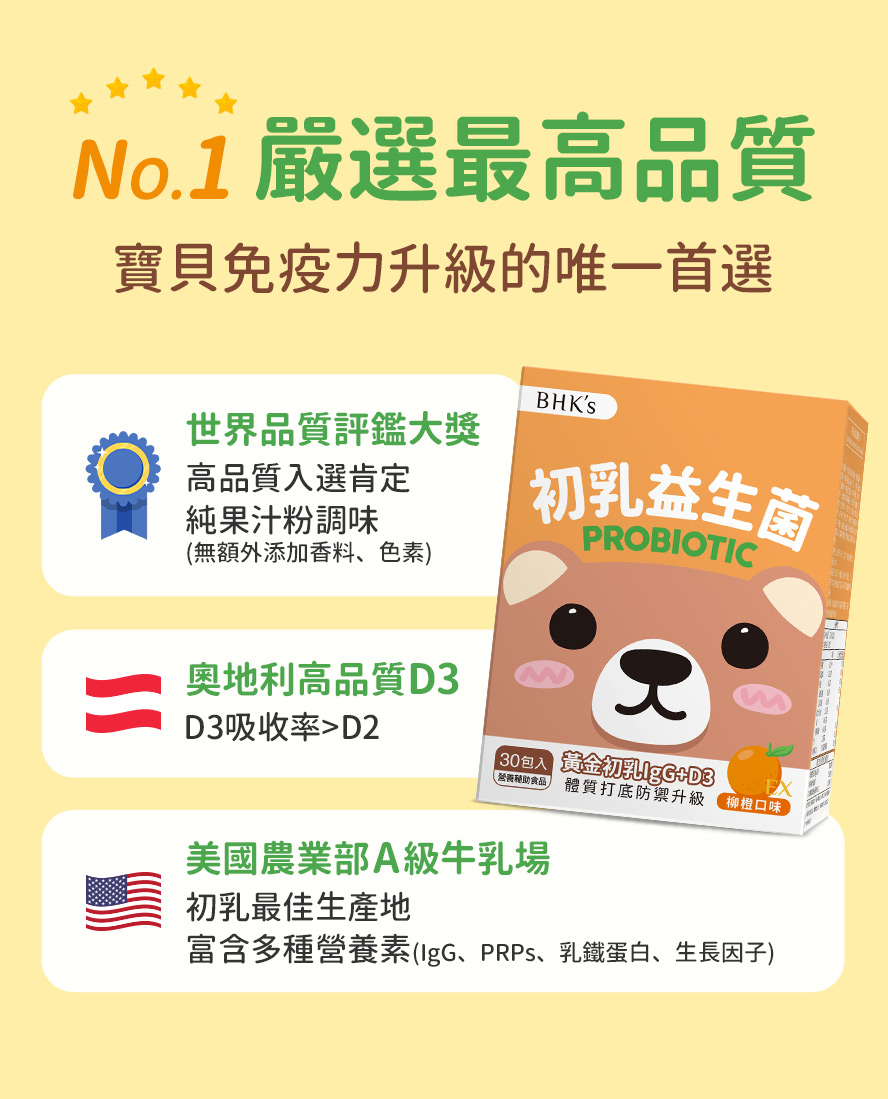 BHK's初乳益生菌EX嚴選高品質專利原料,無香料色素,獲國際大獎肯定