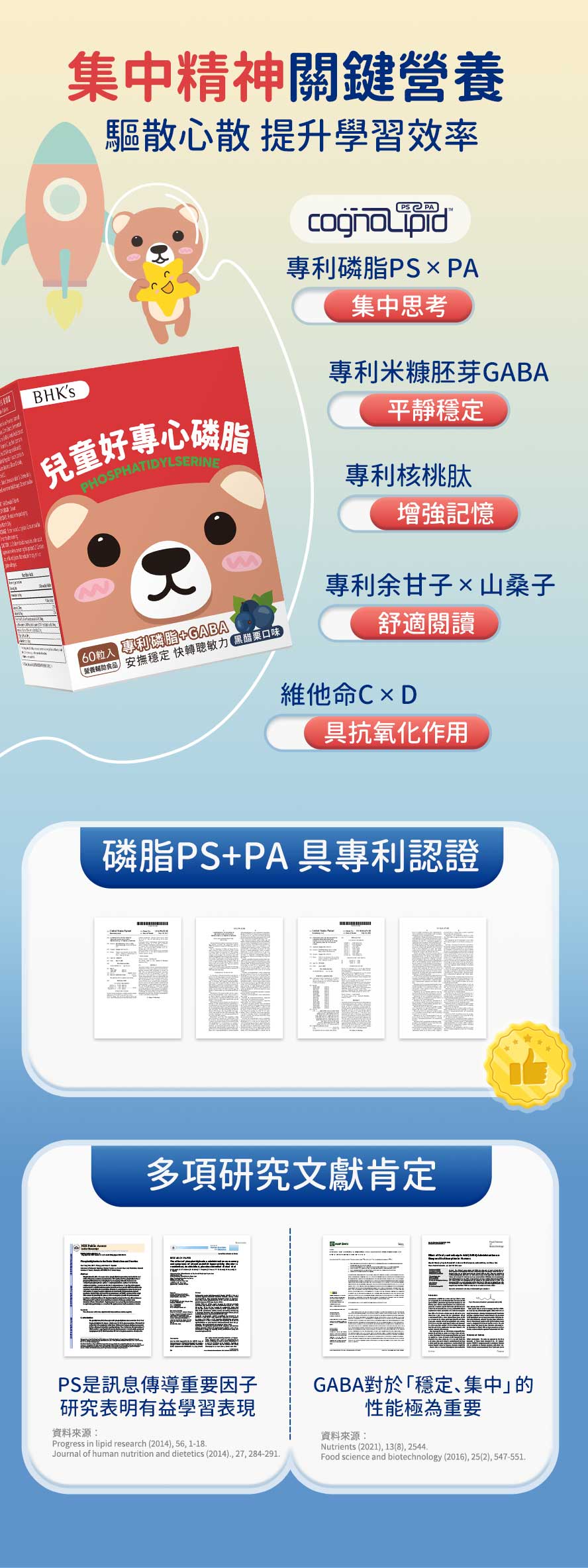 兒童專心集中精神吃什麼?文獻證實PS腦磷脂有益學習表現，增強小朋友記憶力。