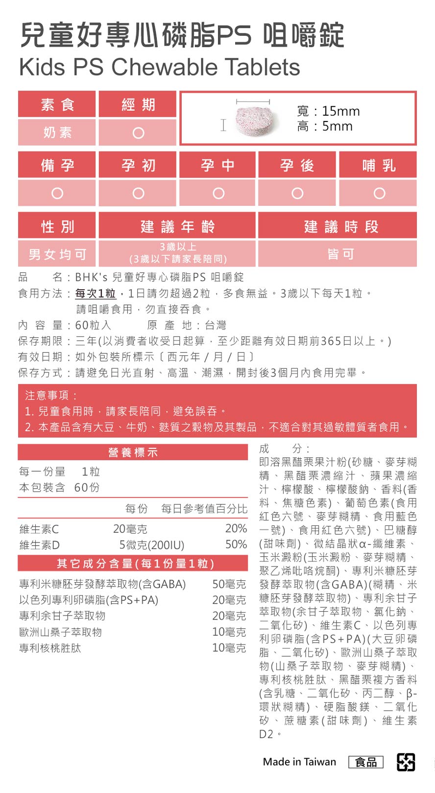 BHK兒童好專心磷脂成分介紹，搭配GABA、核桃肽穩定情緒，集中精神學習。