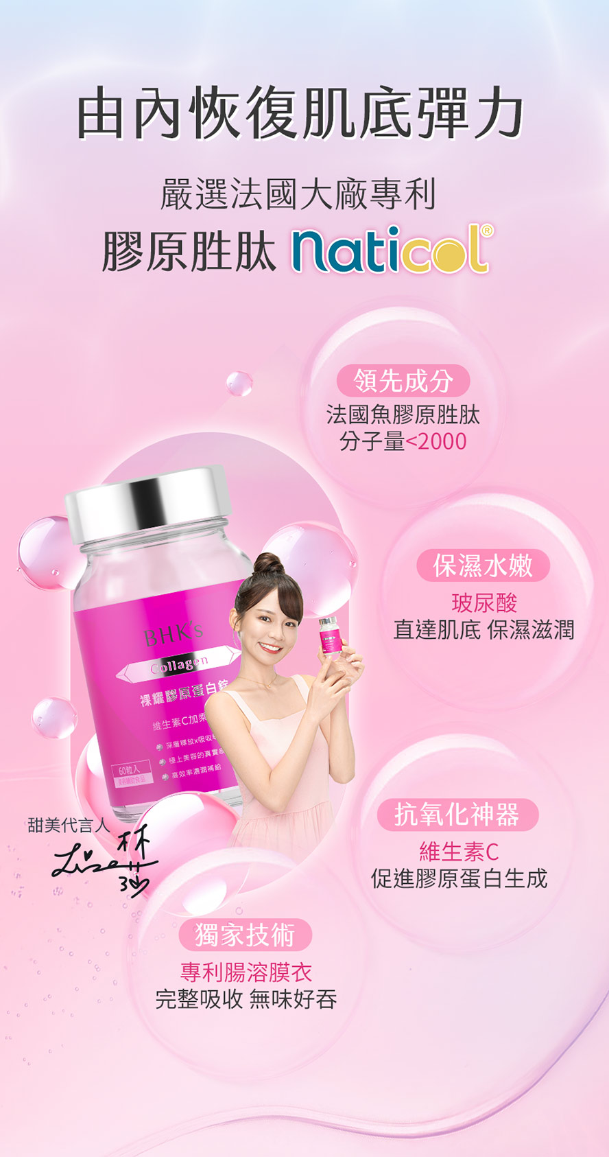 提升肌膚彈性推薦BHK's膠原蛋白，獨家腸溶膜衣技術，營養完整吸收