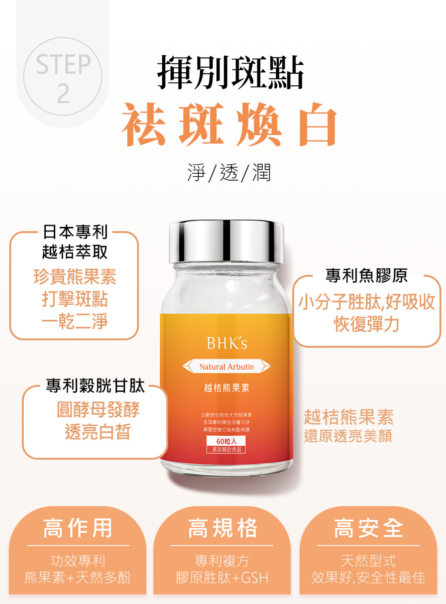 BHK's奢光、熊果素含日本專利熊果素,幫助美白,淨化黑點