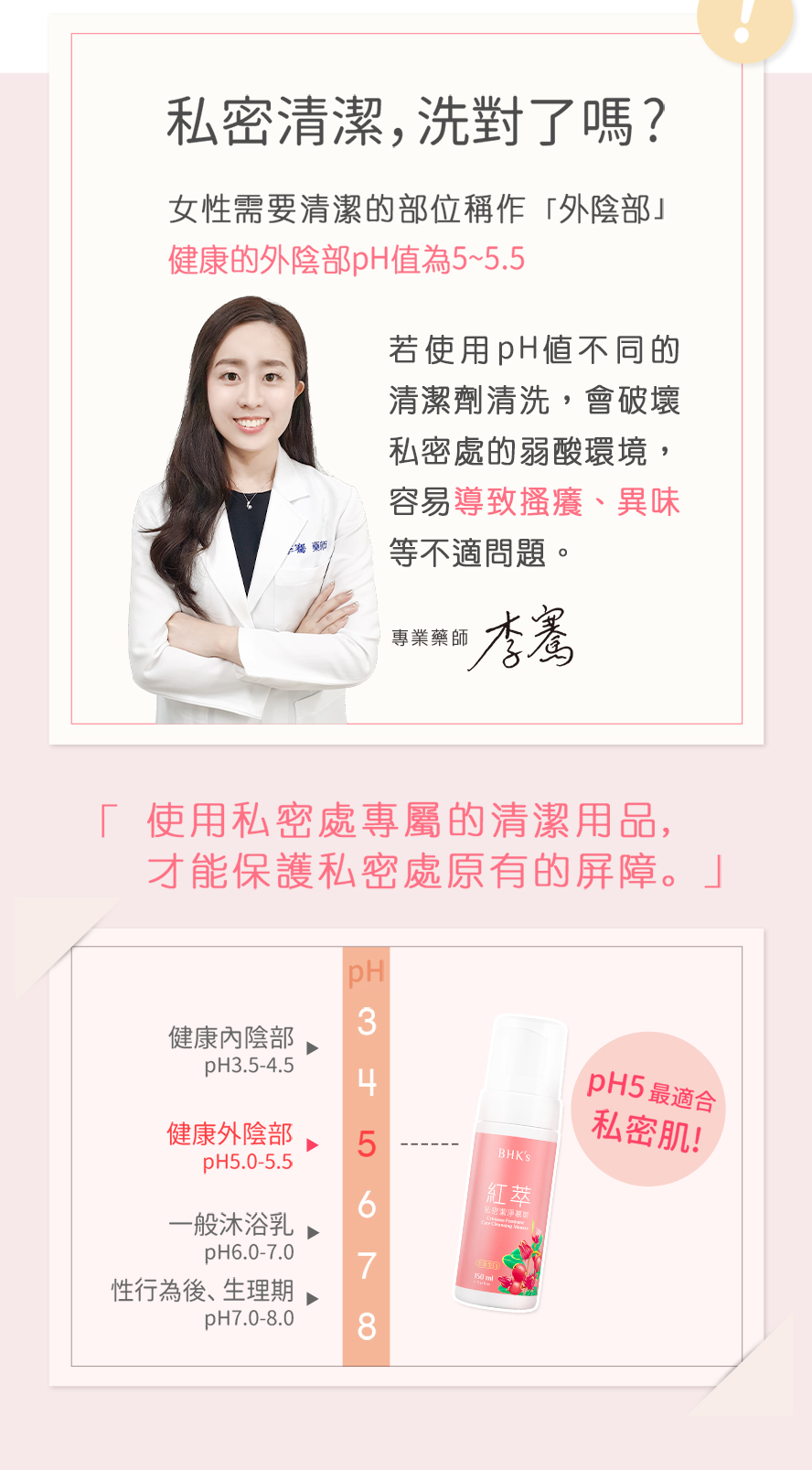 私密肌如何保養?專業藥師建議可使用BHK紅萃私密慕斯作為日常清潔，酸鹼值5的溫和洗淨配方。