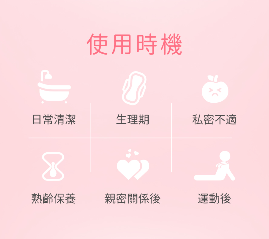 BHK私密慕斯使用時機：生理期、有搔癢異味症狀、親密關係後、更年期、運動後，皆可安心使用。