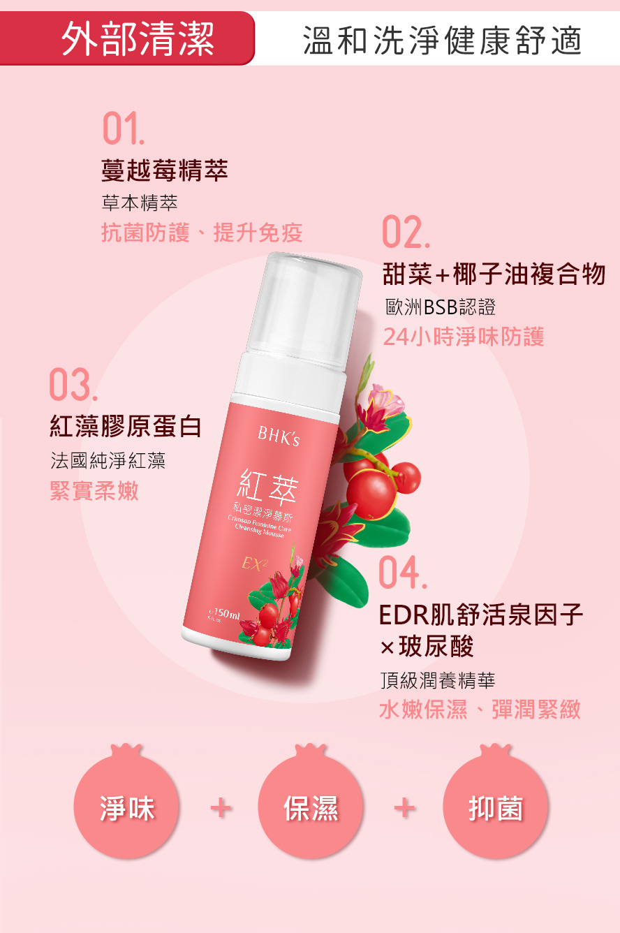 BHK私密潔淨慕斯加強型、BHK蔓越莓益生菌，超過98.6%回購率，眾多網紅指定推薦，私密處保養首選。