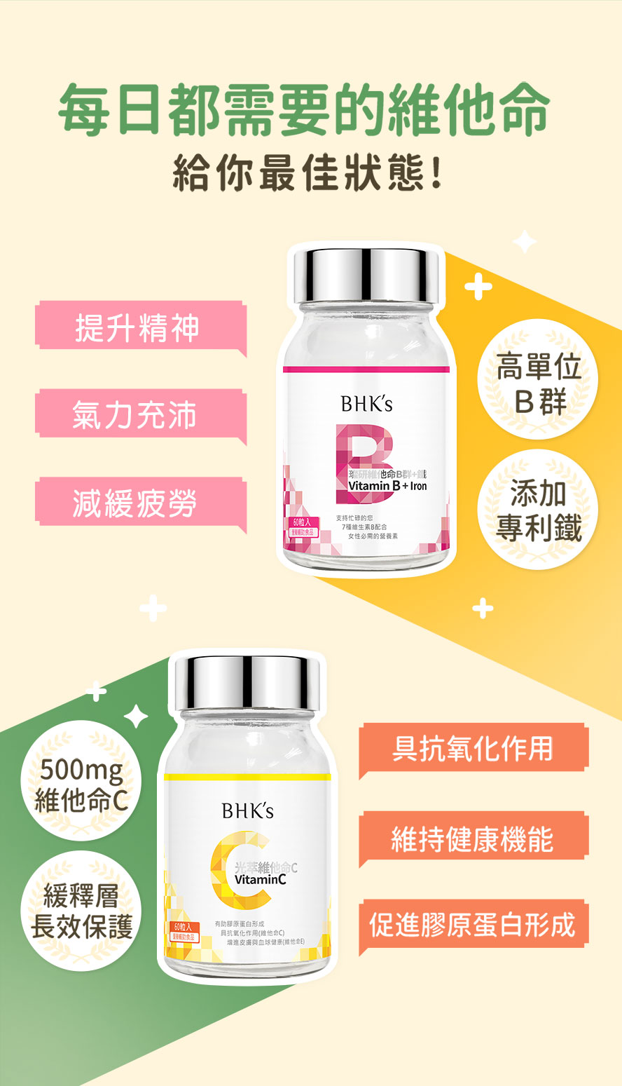 BHK維他命C與B群功效,B群可以幫助提神,減緩疲勞,維他命C具抗氧化作用,促進膠原形成。