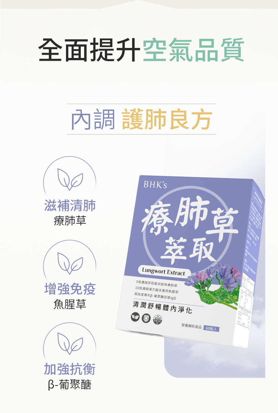 BHK's療肺草的功效與好處，全新升級療肺草+魚腥草配方，有效幫助抗發炎、預防感染，對抗病毒威脅。