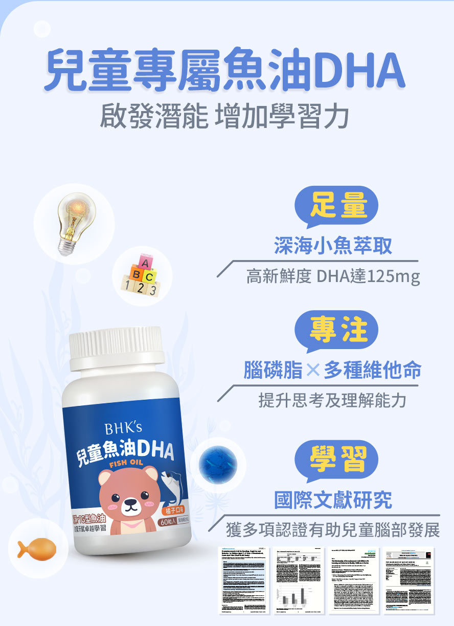 BHKs兒童魚油DHA，萃取自無汙染的深海小魚，添加專利PS可提升學習專注力，是就學階段必備營養。