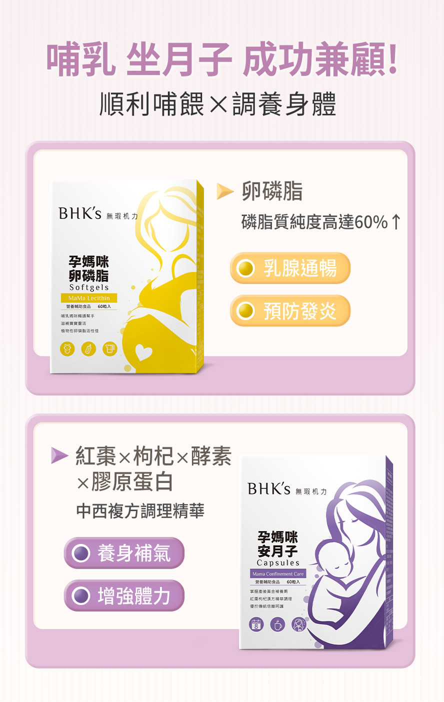 BHK嚴選全球第一品質的卵磷脂，成功解決哺乳問題；坐月子、小產後的養生食補選擇BHK安月子。