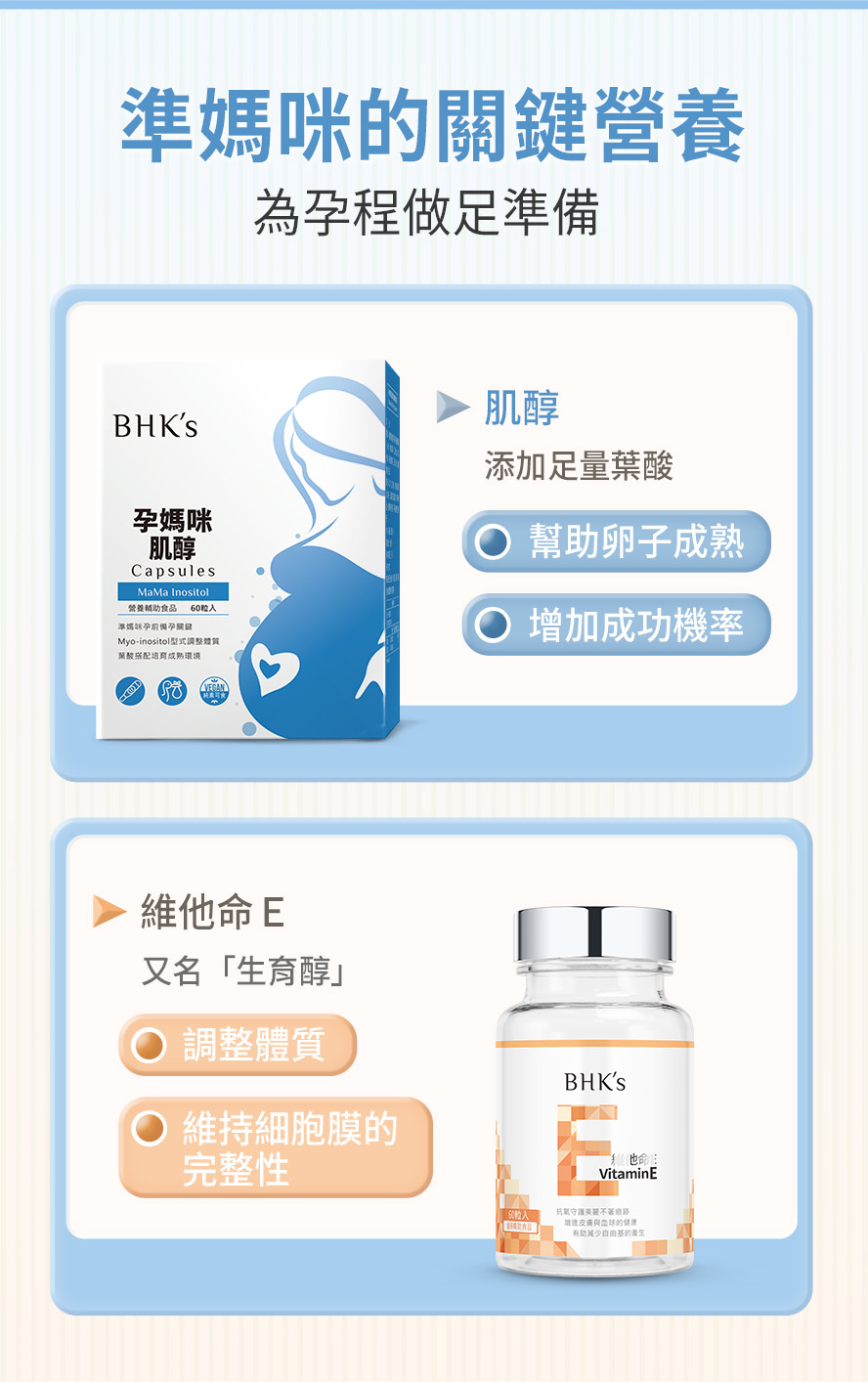BHK's肌醇、維他命E調整體質,打造成熟受孕環境