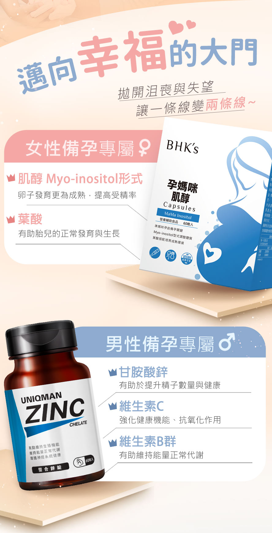 女性備孕補充BHKs 肌醇,使卵子發育更為成熟,提高受精率,也增加受孕的機會.男性備孕補充UNIQMAN胺基酸螯合鋅,增加精子質量,提升體力和精力.