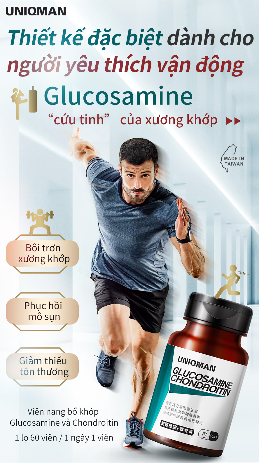 Glucosamine Chondroitin UNIQMAN là thực phẩm chức năng đặc biệt dành cho việc bảo vệ xương khớp, duy trì đọ đàn hồi của sụn khớp