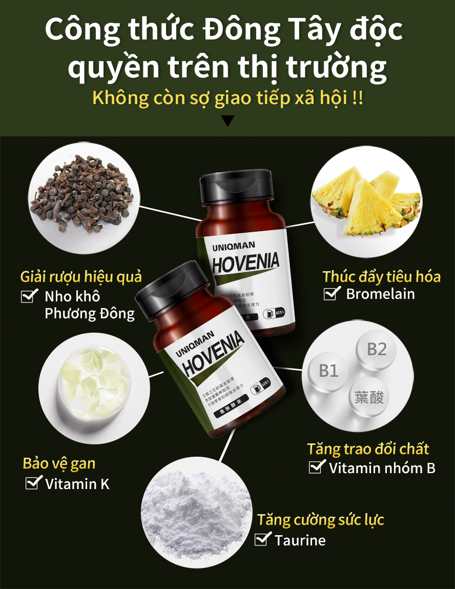 nho khô phương Đông+enzyme trái thơm+vitamin K, chống say sỉn, hoạt hóa gan và hỗ trợ thải độc gan