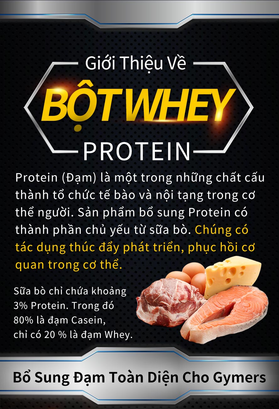 Bột whey protein hàng đầu, mỗi gói 20g protein, chứa BCAA