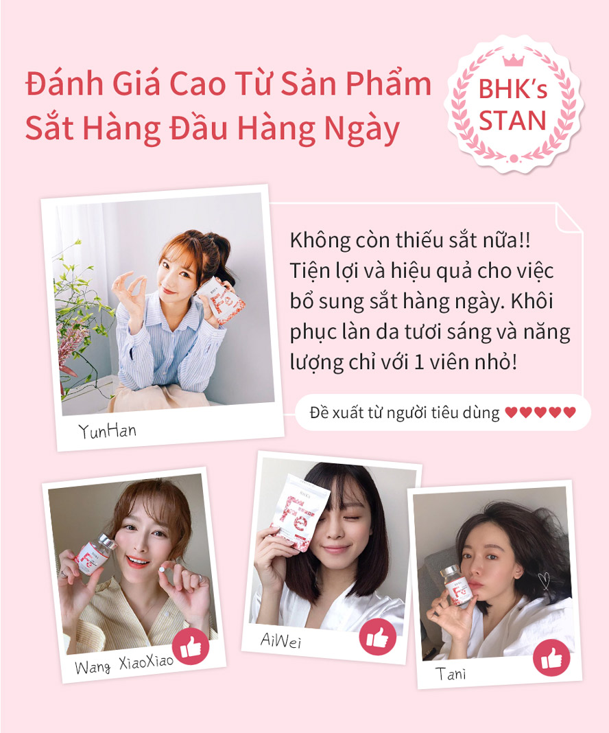 thiếu sắt sẽ có những triệu chứng gì? tay chân lạnh, chóng mặt, tóc khô, khí sắc kém, kiến nghị uống Viên nén bổ sung khoáng chất sắt BHK's
