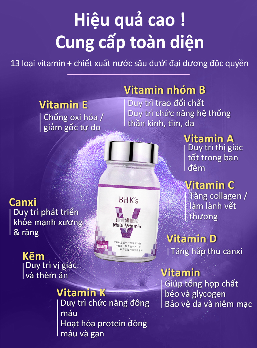 Viên nén vitamin tổng hợp BHK's có 13 loại vitamin và nước sâu trong đại dương ,mỗi ngày 1 viên bổ sung dưỡng chất cần thiết