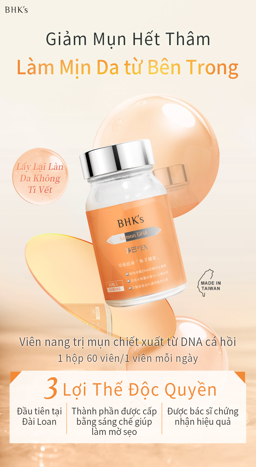 Viên nang trị sẹo chiết xuất từ DNA cá hồi BHK's hàng đầu Đài Loan ,đẩy nhanh trao đổi chất của hắc sắc tố ,cải thiện da sẹo