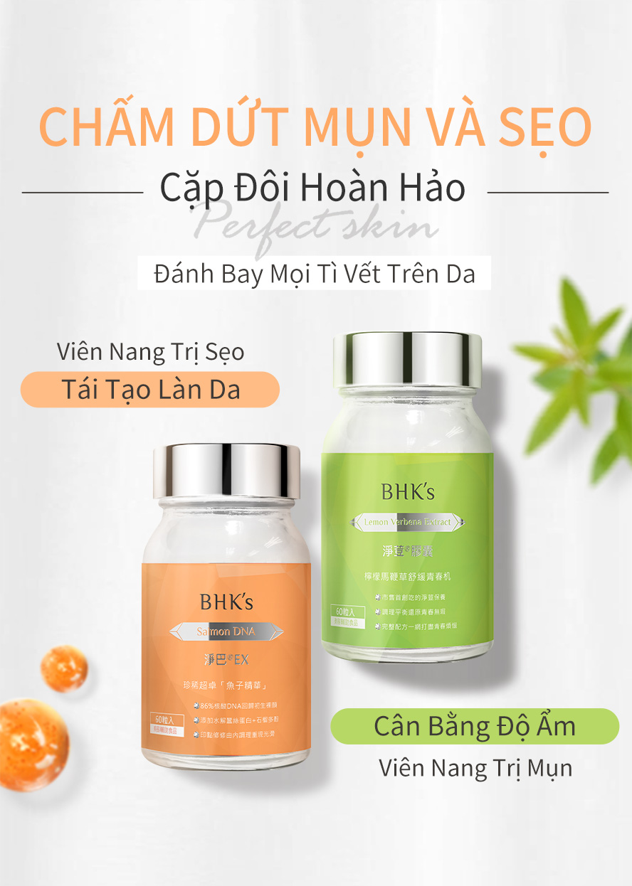 muốn cải thiện tình trạng da mụn và sẹo mụn ,có thể chọn Viên nang trị sẹo chiết xuất từ DNA cá hồi BHK's ,phối hợp với thức ăn hiệu quả trị sẹo sẽ tốt hơn