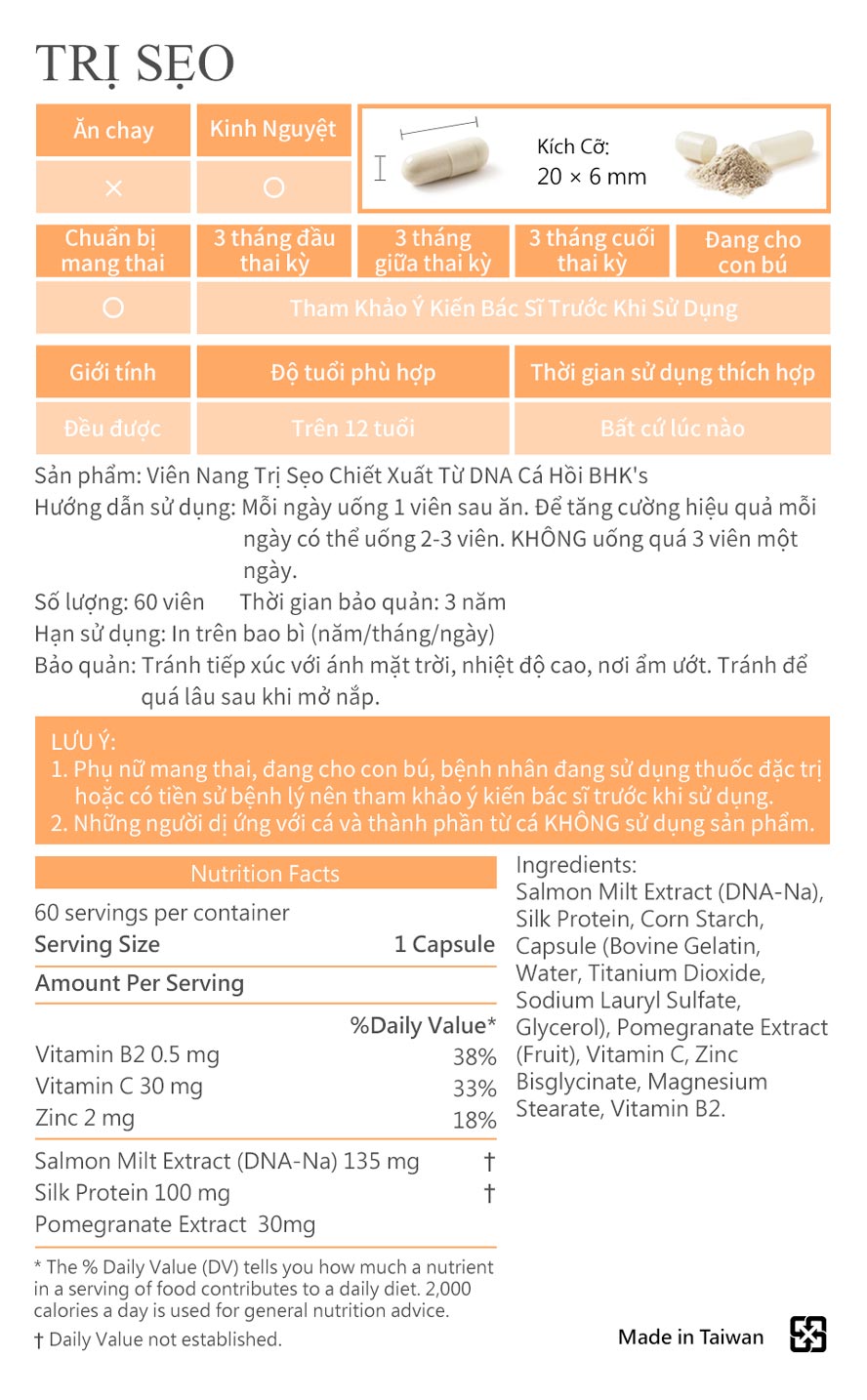 Viên nang trị sẹo chiết xuất từ DNA cá hồi BHK đã thông qua các kiểm định ,bảo đảm an toàn không tác dụng phụ