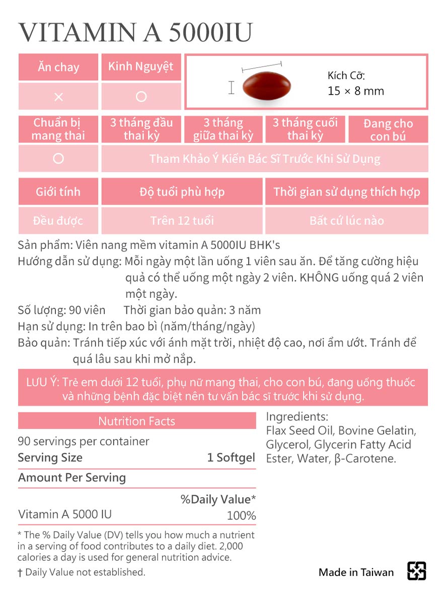 Viên nang mềm vitamin A 5000IU BHK đã thông qua các kiểm định ,bảo đảm an toàn không tác dụng phụ
