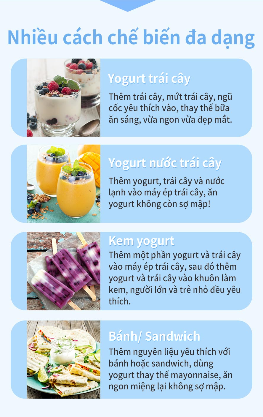 có nhiều cách pha chế có thể làm thành cốc sữa chua, sữa chua dẻo, kem sữa chua