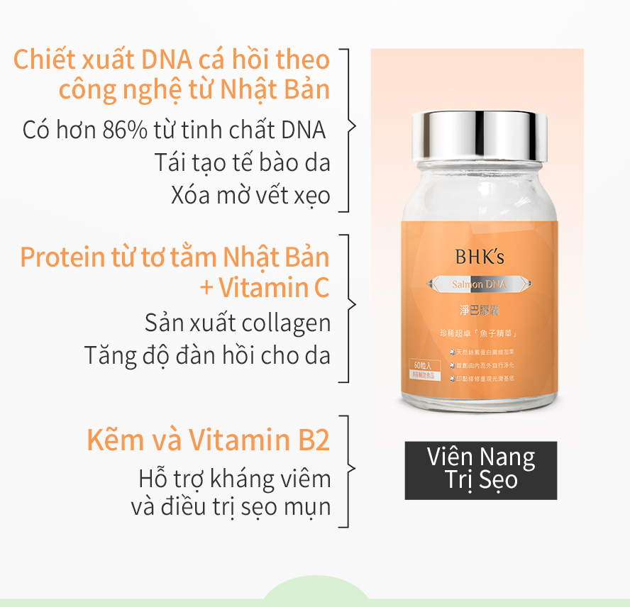 BHK's chiết xuất trứng cá hồi Nhật Bản, chứa 86%DNA, tự làm lành vết thương nhanh chóng, lắp đầy sẹo, làm mờ sẹo, đẩy nhanh tốc độ trao đổi sắc tố, thêm protein tơ tằm Nhật Bản, kẽm, vitamin C tăng độ đàn hồi cho da 