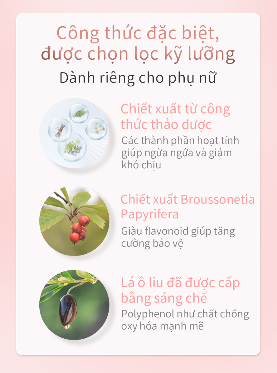 làm dịu giảm ngứa, cân bằng pH, cải thiện tình trạng khó chịu, giảm viêm nhiễm phụ khoa