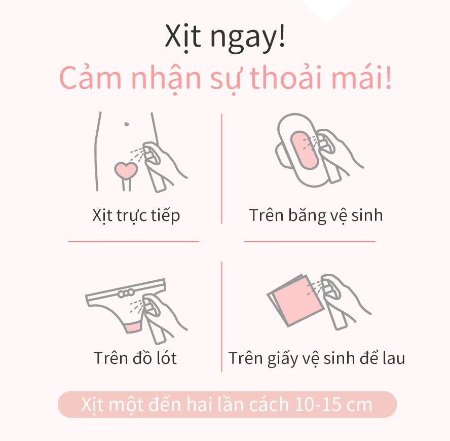 có thể xịt trực tiếp lên vùng kín, hoặc xịt lên đồ lót, miếng lót hoặc giấy vệ sinh